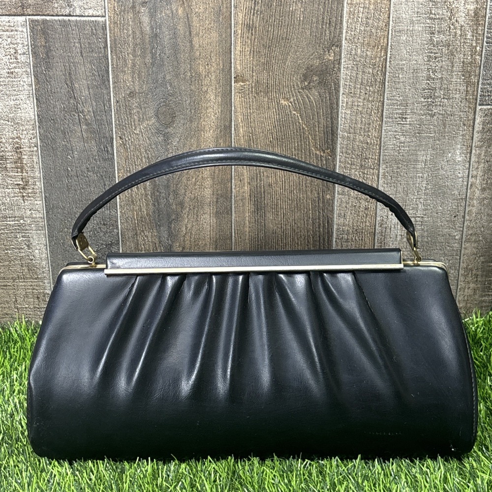 Vtg 50s Black Leather Wrapped Metal Top Handle Bag Gold Frame Clasp Purse